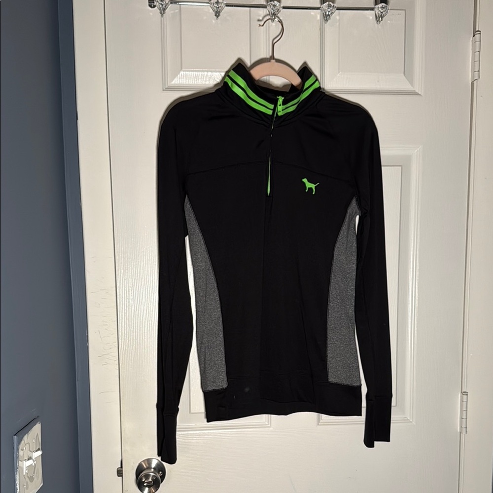 PINK Victoria’s Secret Black and Gray Zip-Up Jacket with Green Accents